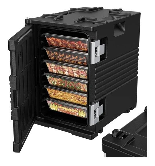 Food Warmer with Wheels, 304 Stainless Steel Latch and Door Shaft, Catering Food Warmers for Parties, LLDPE Insulated Food Carrier for 6 Full-Size Pan