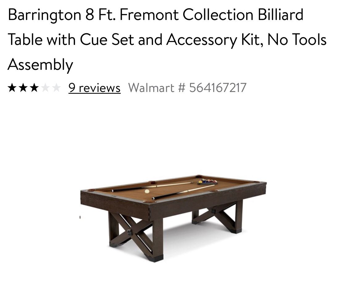 Barrington 8ft fremont collection billiard table with cue set and accessory kit