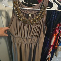 Boho Chic Taupe Dress w/ Beaded Neckline – Flowy & Elegant (Size L)