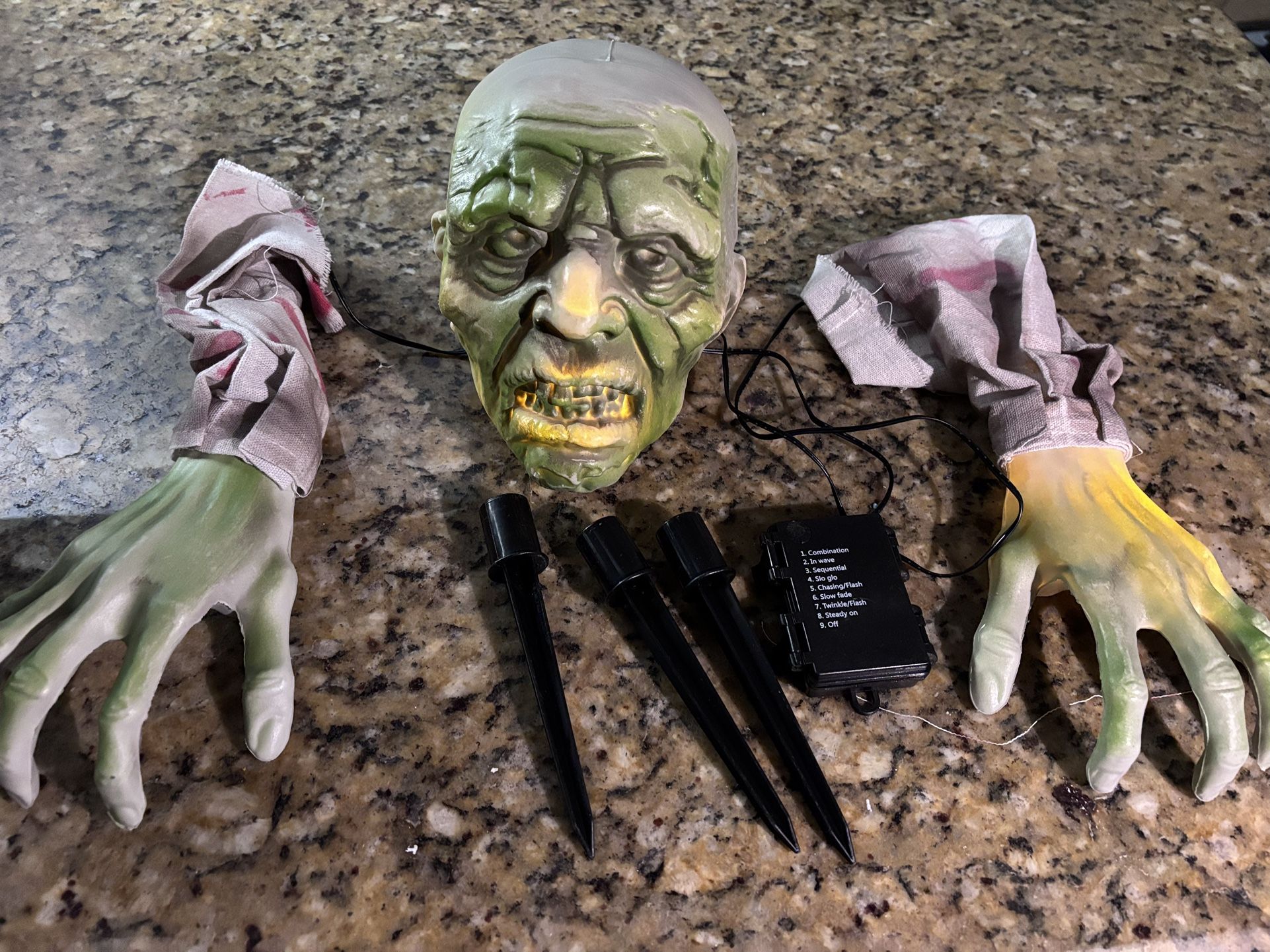 Halloween Zombie Face and Arms Lawn Stakes Lighted Groundbreaker Lawn Graveyard Scenes