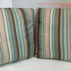 Pair of Tan, Cream & Turquoise Striped Sunbrella Reversible Throw Pillows