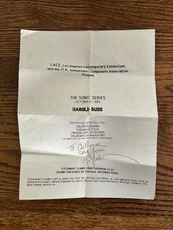 Rare 1989 Harold Budd Signed Concert Program Sonic Series LA Ambient Eno Cocteau Twins 80’s