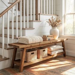 63” Solid Wood Entryway Bench with Storage Shelf | Farmhouse Shoe Bench