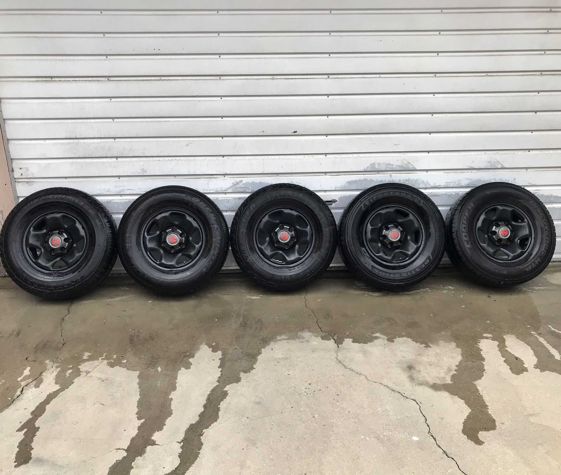 16” Toyota TRD style OEM stock 5 rims & caps 5 tires 245/75R16 4 brand new tires 1 with about 5K left. Fits any 6 lug Toyota truck Tacoma 4run