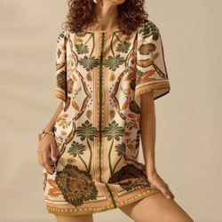 Women's Casual Vacation Summer Beach Boho Tropical Plant Print Ruffle Sleeve Open Back Loose 