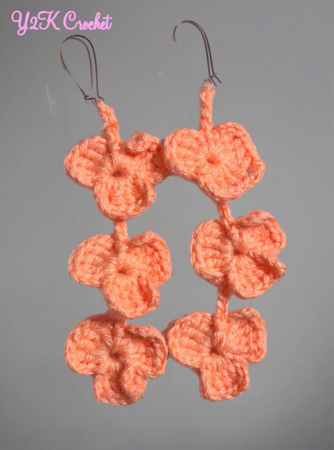 Handmade Elegant Crochet Triple Flower Dangle Earrings