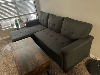 Sofa, pulls out and has storage under the long part.