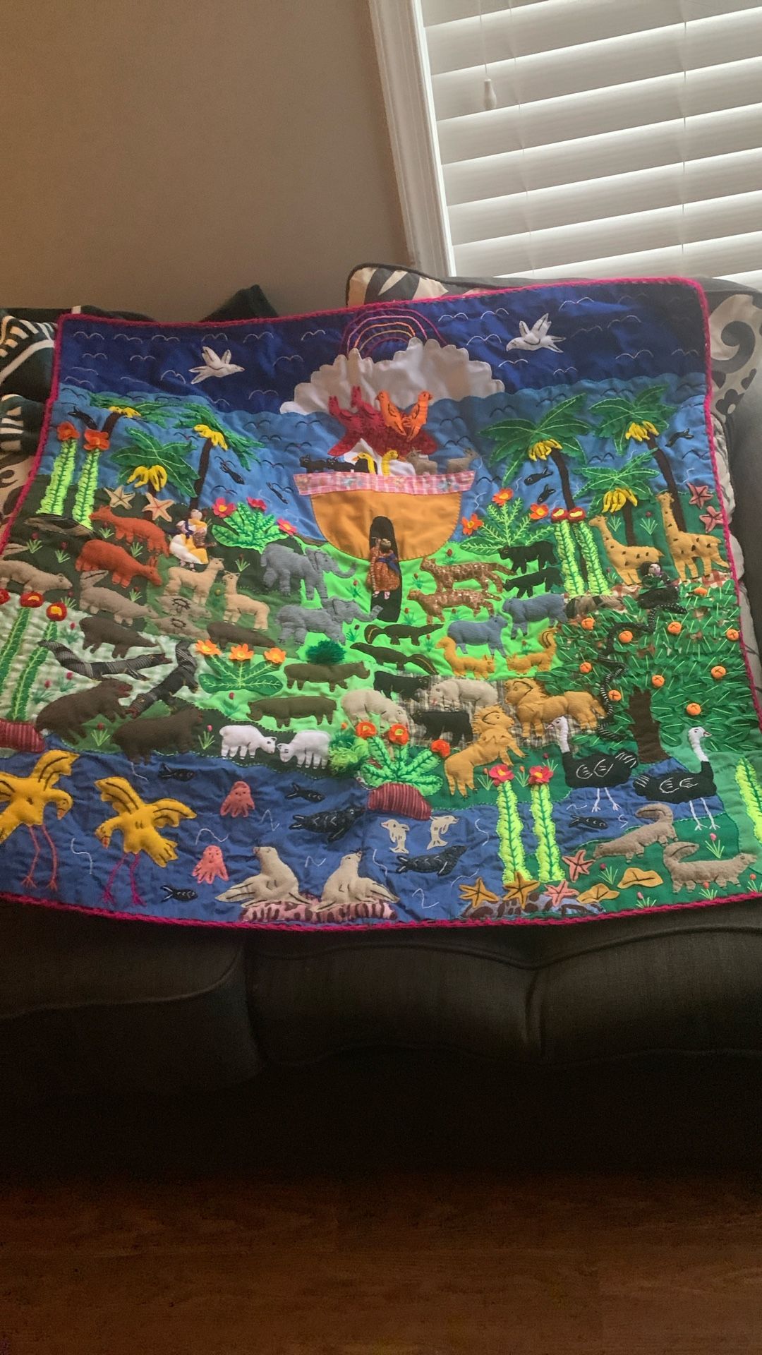 Peruvian arpillera Noahs Ark 3’ Square Quilt