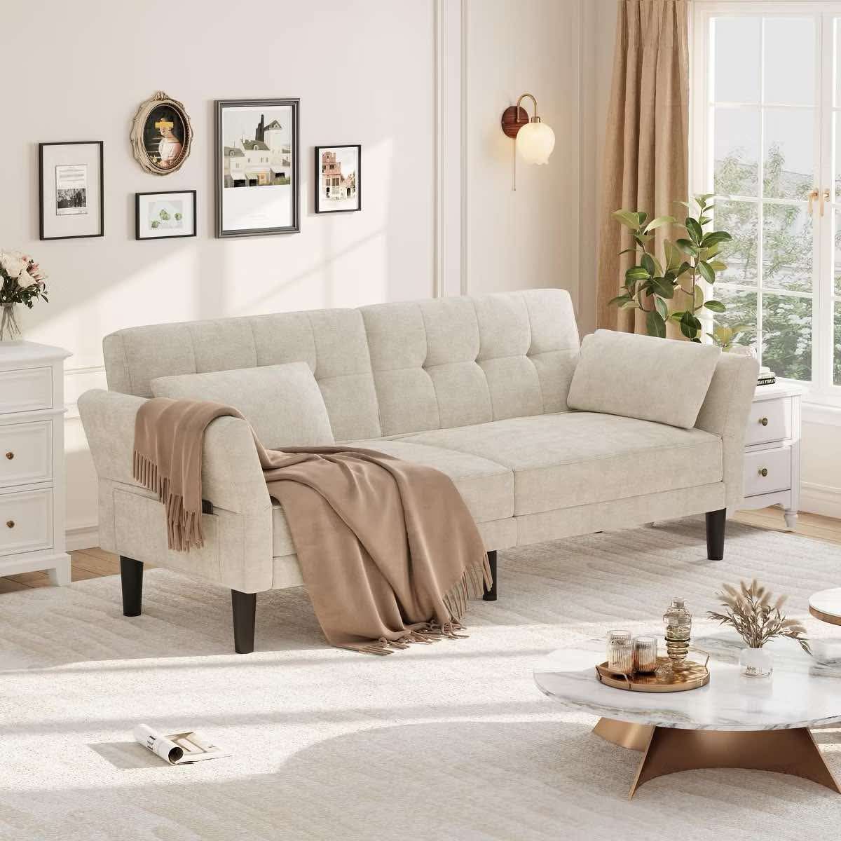 89" Futon Sofa Bed, Modern Sleeper Sofa with Adjustable Backrest & Armrest, Convertible Futon Couch Bed with 2 Pillows