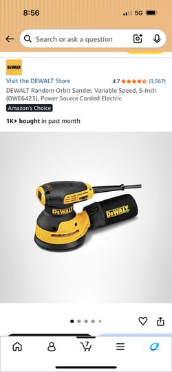 DEWALT Random Orbit Sander, Variable Speed, 5-Inch (DWE6423), Power Source Corded Electric