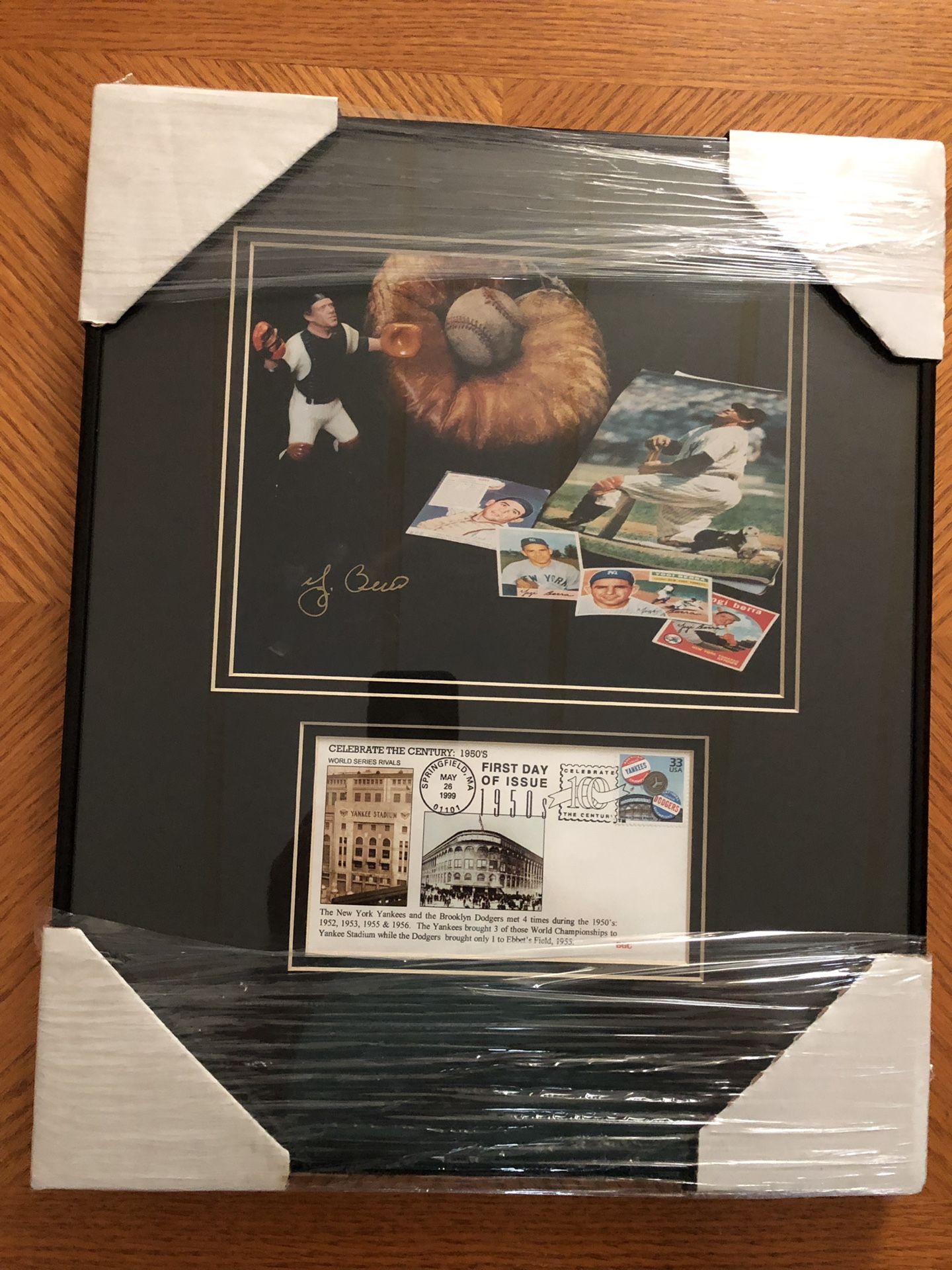 Yogi Berra Autographed NY Yankee Collage! Beautiful Autograph in Silver Paint Pen, also First Day Cover Framed 18”h x 15”w in Black Aluminum Frame