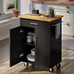 New Rolling Kitchen Island with Storage Cabinet and Drawer, 23.8 Inch Wide Rolling Kitchen Table, Cart Handle for Towel Bar or Free Mobility, Portable