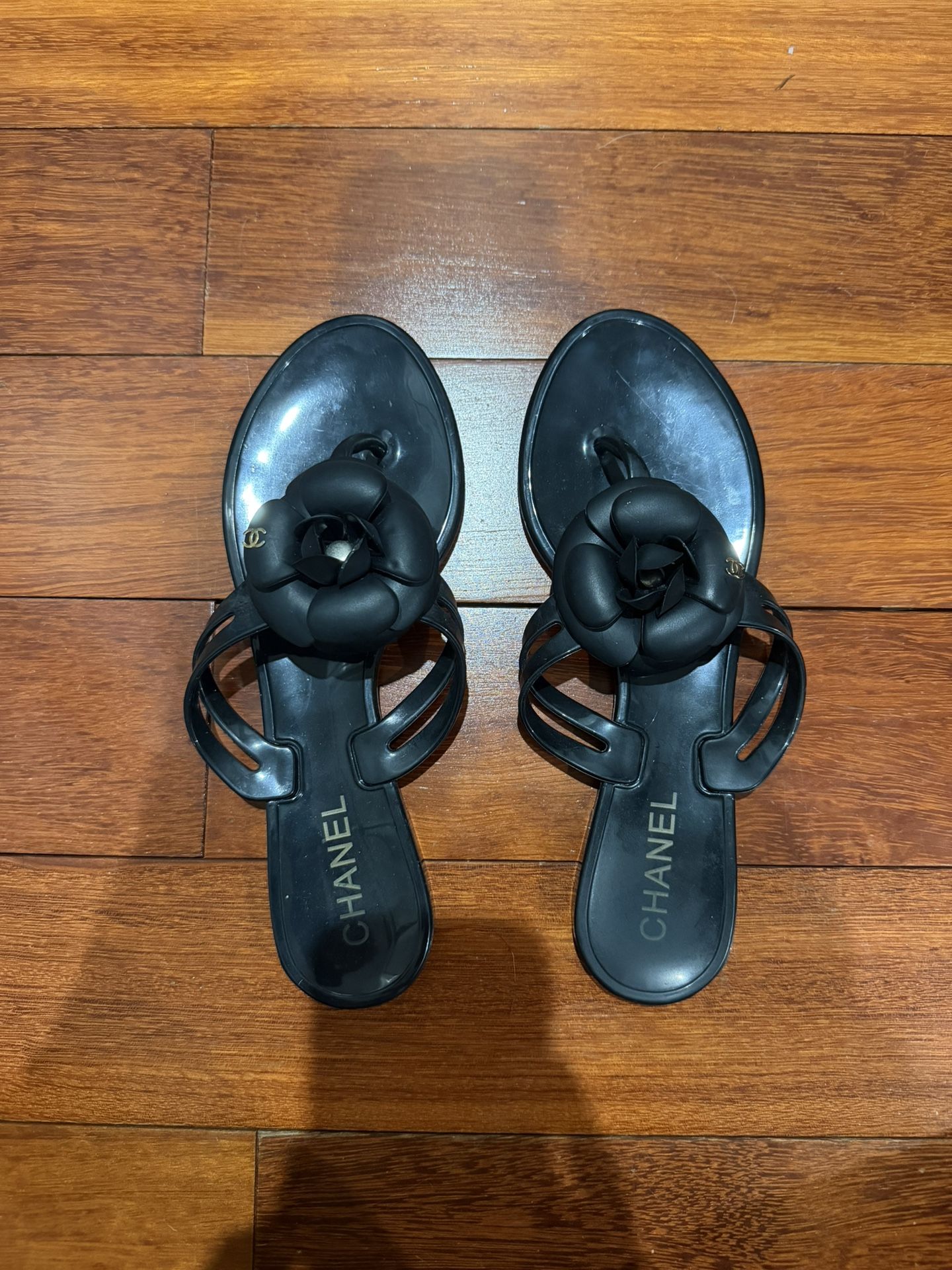 Chanel Camellia Black Jelly Sandals Flip Flops Sz. 38