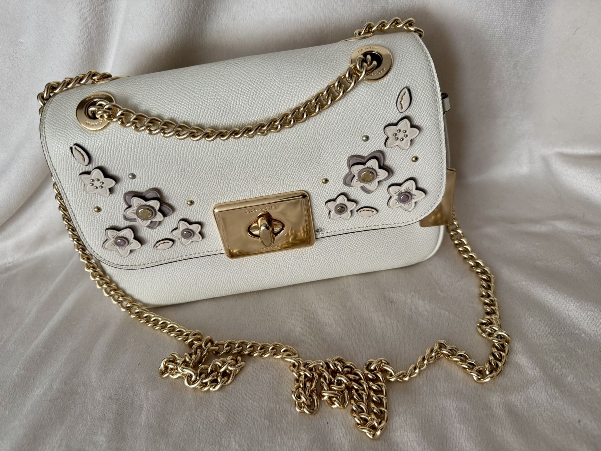 Coach Cream Floral Shoulder Bag with Gold Chain