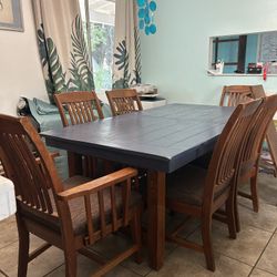 Large Rustic table Seats 6 Big Family Dining Set 72”x42” Plus 12” Leaf  Oak And Blue Gray Varnish