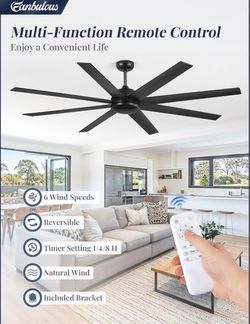 Fanbulous 72 Inch Black Ceiling Fan no Light with Remote, Large, 8 Blades  6-Speeds, Reversible DC Motor, Quiet Airflow, Timer, Industrial Ceiling Fan