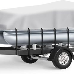 Heavy Duty Pontoon Boat Cover 25 26 27 28 ft Foot, Upgraded Waterproof Marine Grade Canvas Cover Fits Pontoon Boat 25ft-28ft with Motor Cover,Gray