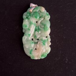 Green Natural Jade carved Dragon Pendant in 18Kt White Gold Hook