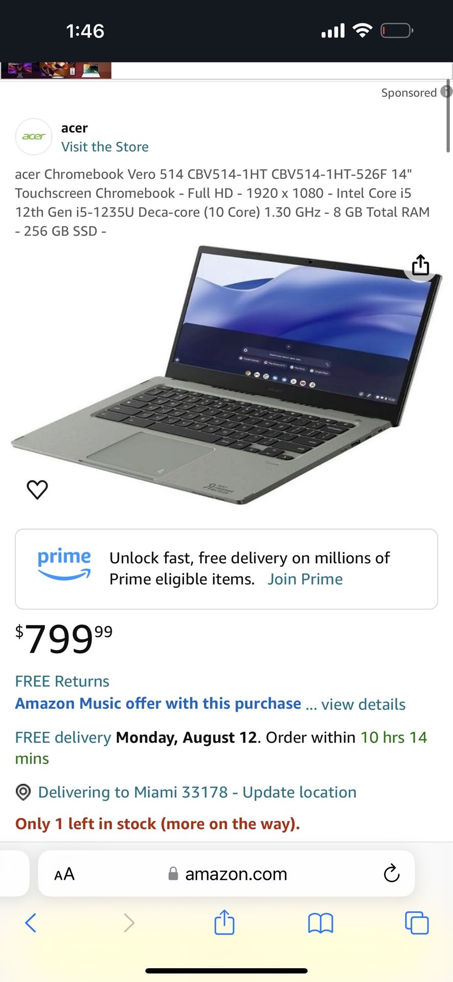 Brand New Laptop Acer Chromebook Vero 514 Touchscreen Windows
