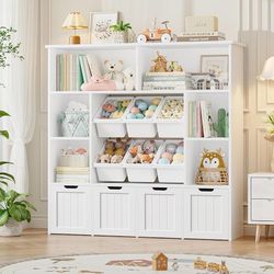   Toy Storage Organizer with 6 Toy Bins, Toy Organizer Kids Bookshelf with 4 Movable Drawers and 6 Storage Cubbies, Toy Bins for Kids Organiz
