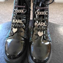 Karl Lagerfeld Paris Mela Embellished Combat Booties Black Blue Women's Size 8M