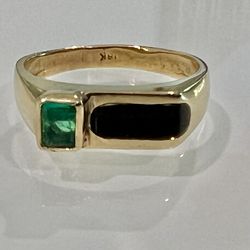 💚 Unisex 18k Yellow, Gold Rectangular Shape Emerald & Black Enamel Ring