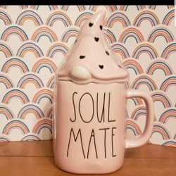 Rae Dunn SOUL MATE 8” pink ceramic mug with Gnome heart topper.