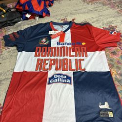 Headgear Classics Dominican Republic national football team 1990 World Cup soccer jersey in red, white, and blue. 