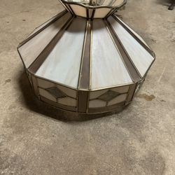 Pair of Vintage Stained Glass Hanging Lights – Brass Chandelier Fixtures 