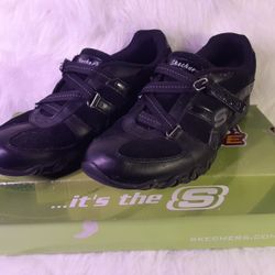 Womans Sketchers Black Leather Suede Velcro Sneakers Sz 10