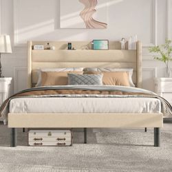 Full Size Bed Frame With Charging Station, Type-C & USB Ports, Linen Upholstered