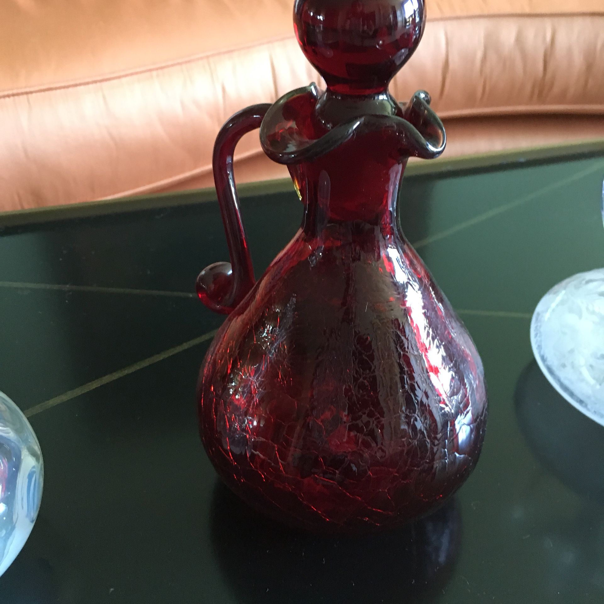 Antique Original Crackle Glass Red Cruet Bottle