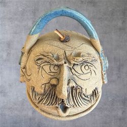 VTG David L Davis DLD Studio Pottery Face Bell Mustache Man Folk Art Signed Blue