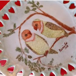 Vintage Handmade Painted Lovebirds Collector's Plate Ceramic Art