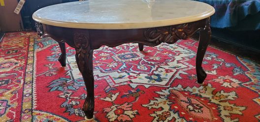 Round Marble Top Coffee Table w Carved Wood Base