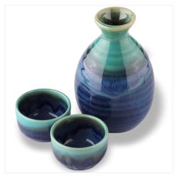 Japanese Traditional Mino Ware Blue Ceramic Sake Set