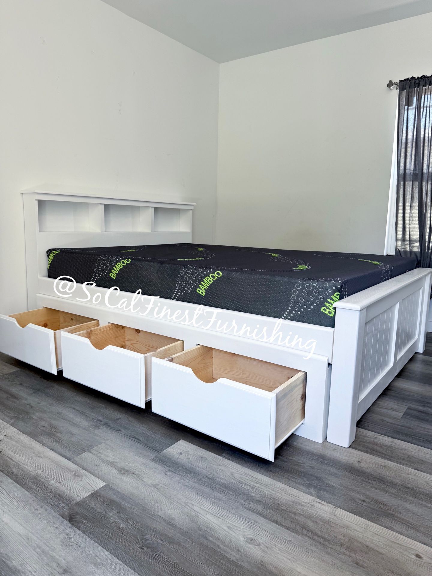 White Queen Bed With Drawers And Memory Foam Mattress