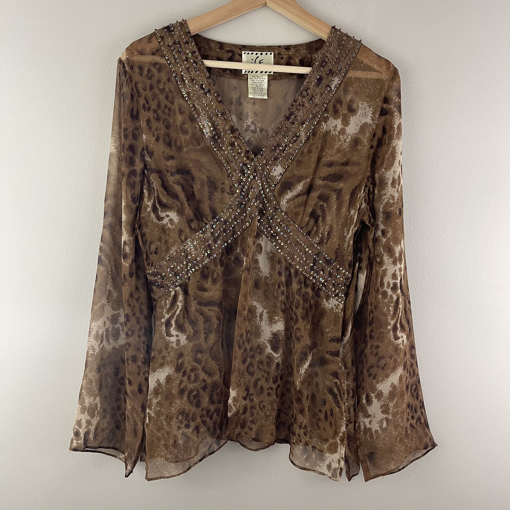 ICE Vintage Y2K Brown 100% Silk Cheetah Print Sheer Sequin V Neck Flowy Blouse
