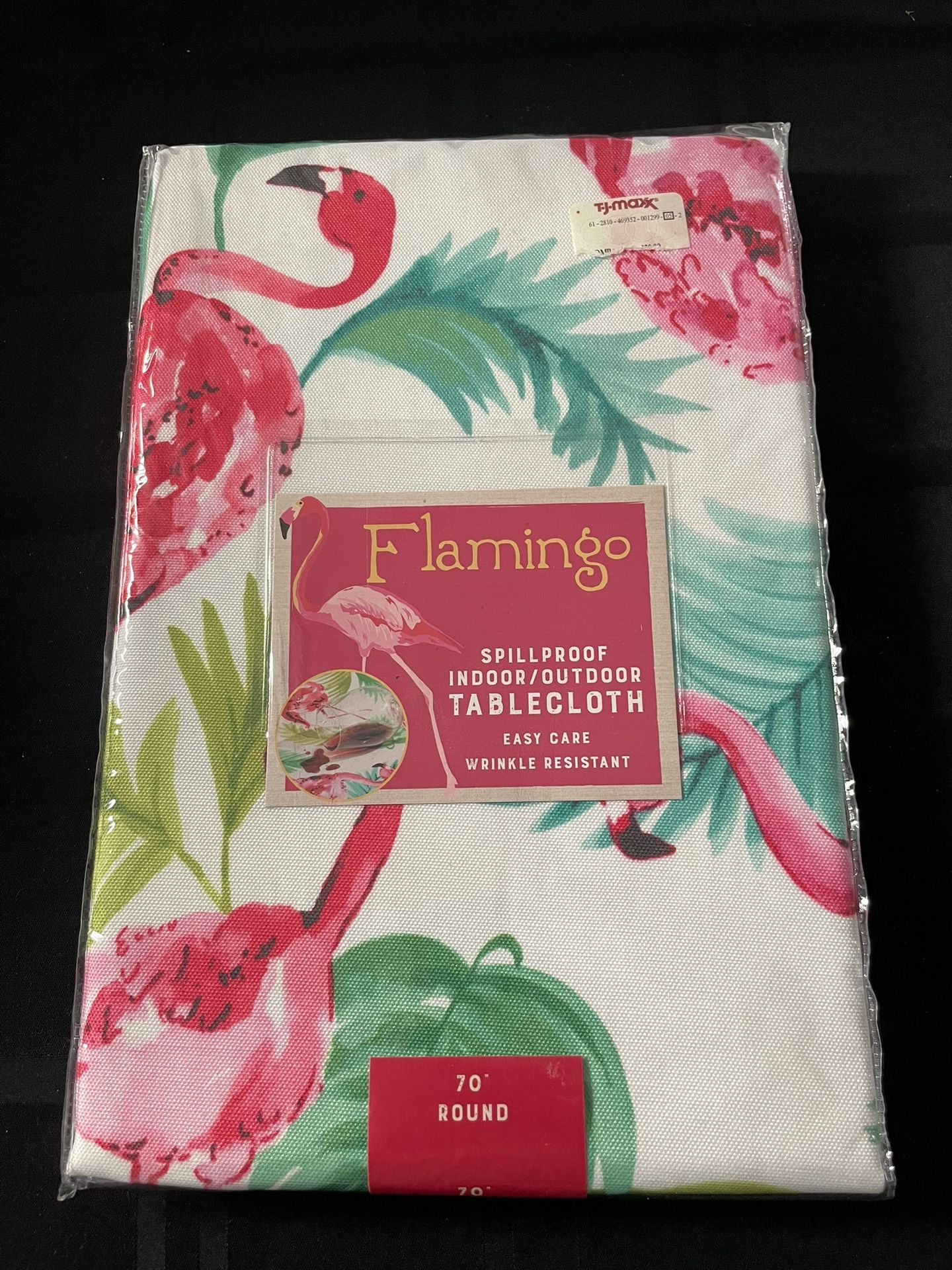 New Benson Mills Flamingo Tablecloth. Spill proof, Indoor/outdoor, Easy Car, Wrinkle Resistant. 70” Round