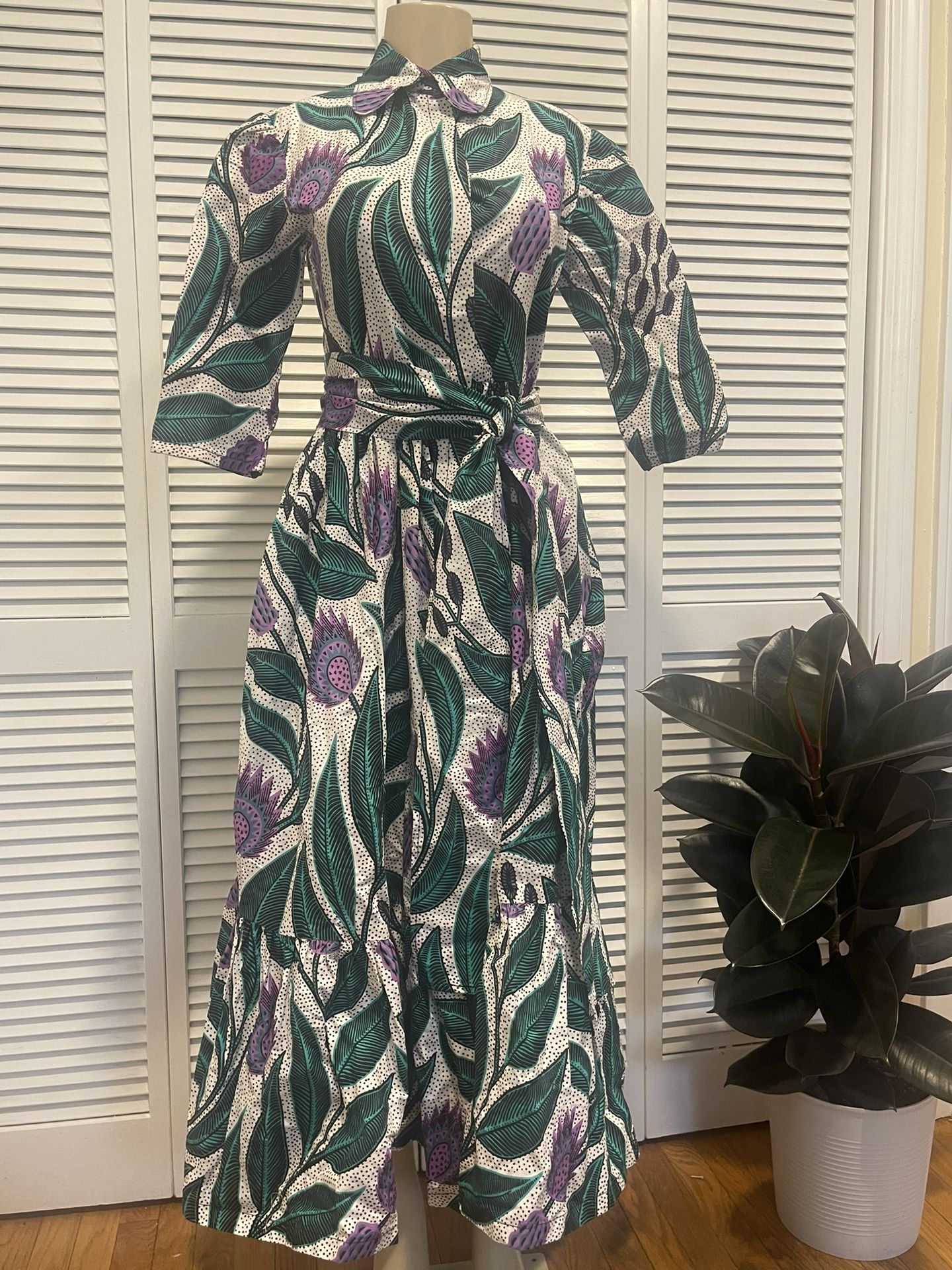 Sika Floral Print Buttoned Belted Shirt Dress Hand made