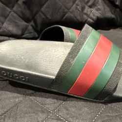 Gucci Monogram Slides Classic Double G Green And Red Black Flip Flops 13-1 Size