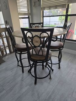 Round Faux Marble Top Pub Table with 4 Swivel Chairs