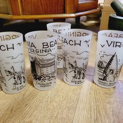 (6) 1950s VIRGINIA BEACH Souvenir Frosted Drinkware Glasses