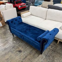 Holaki 63" Velvet Multi-functional Storage Bench Rectangular Sofa Stool Buttons Tufted Nailhead Trimmed Ottoman Solid Wood Legs with 1 Pillow, Blue