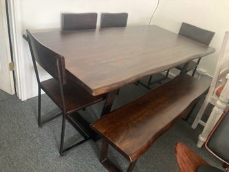 Dark walnut farmhouse table 4 chairs and bench