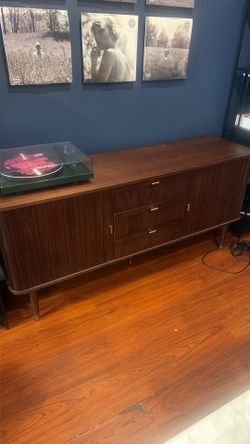 Corrigan Studio Mandea 63" Sideboard Credenza Mid-Century Danish Walnut TV Stand with Tambour Doors and Brass Trim