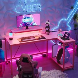 K184-52" Gaming Desk with Integrated Power Outlet & USB Ports, L-Shaped Computer Desk with LED Strip & Headphone Hooks, Perfect for Home Office Pink
