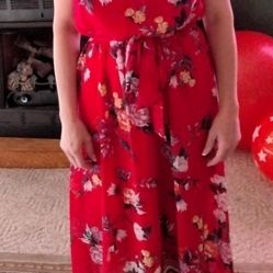Red Floral Sleeveless Dress With Matching Waist Tie