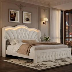 Modern King Bed Frame with 2 Drawers, LED Lights Platform Bed Frame, Sturdy Beds Frame with Upholstered Button Tufted Headboard, Velvet White