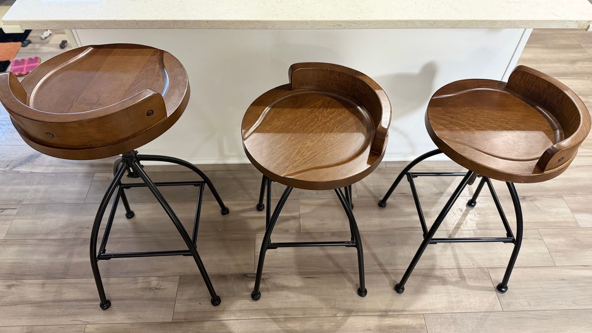 Set of 3 Adjustable Industrial Swivel Bar Stools – Excellent Condition